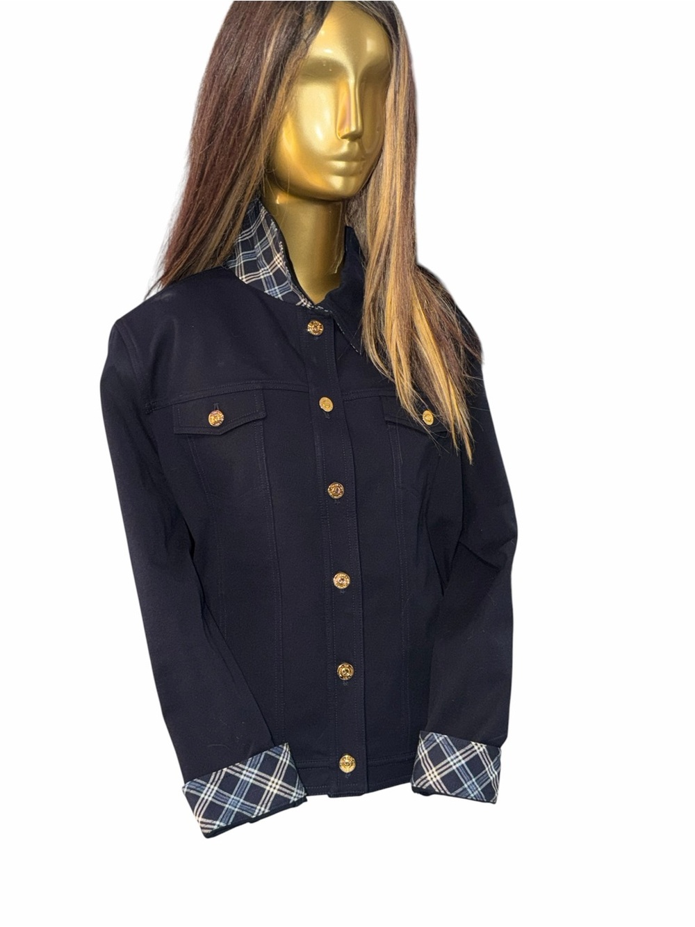 St. John Sport by Marie Gray Navy Jacket with Plaid Trim large